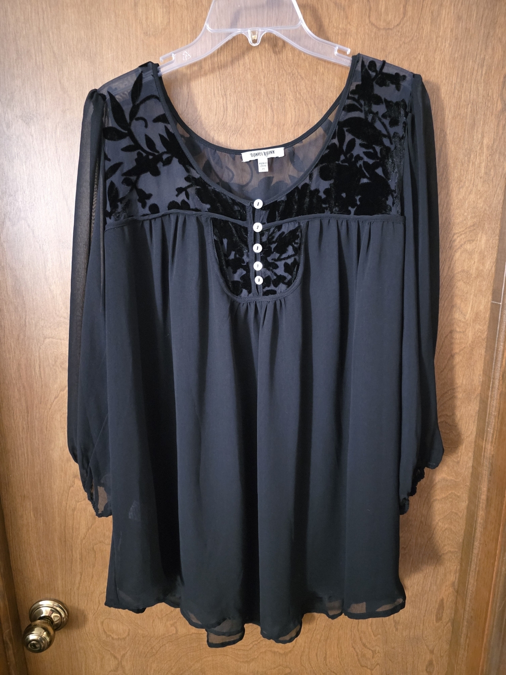 Daniel Rainn Black Sheer Peasant Tunic with Velvet Yoke